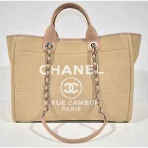 Chanel 22S Deauville Beige Large Shopping 30cm 2Way Silver Chain Handle Tote Bag